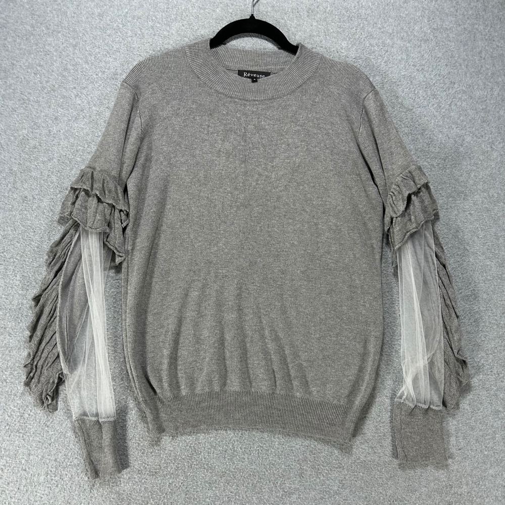Reveuse Sweater Ruffle Mesh Sleeve Women S Gray Ribbed Knit Chic Feminine
